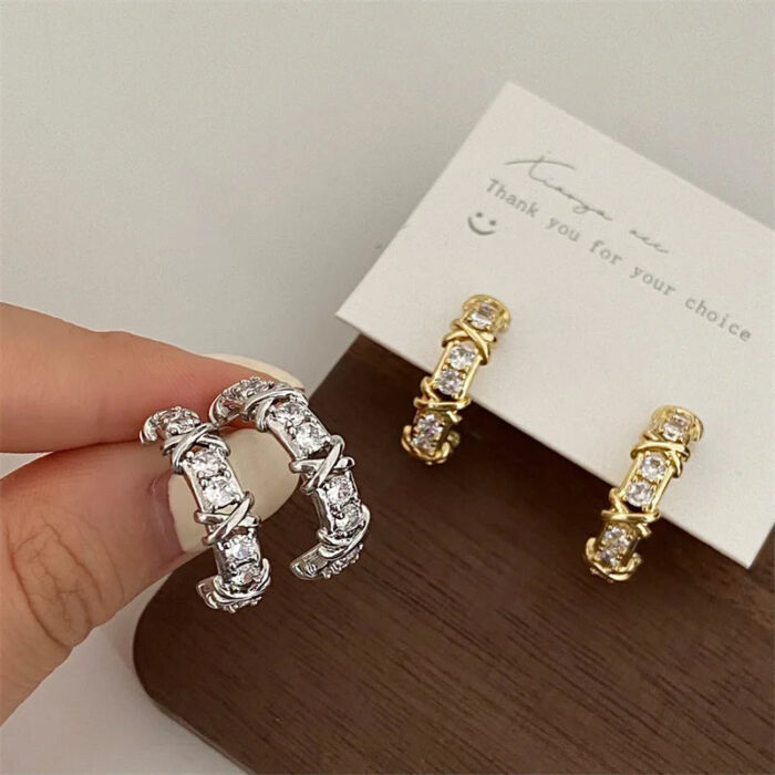 Vintage CC Design Stud Earrings for Women Korean Fashion X Cross Zircon Earring Engagement Jewelry Gifts Wholesale - Image 4