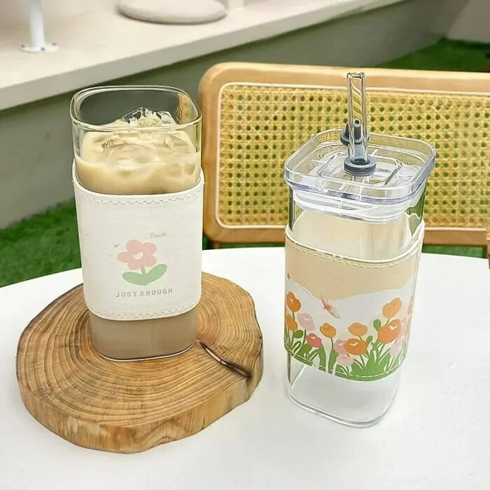 1Pcs Square Heat Resistant Coffee Glass Cup With Lid and Straw Transparent Milk Tea Juice Cups Coffee Mug For Home Bar Drinkware - Image 4