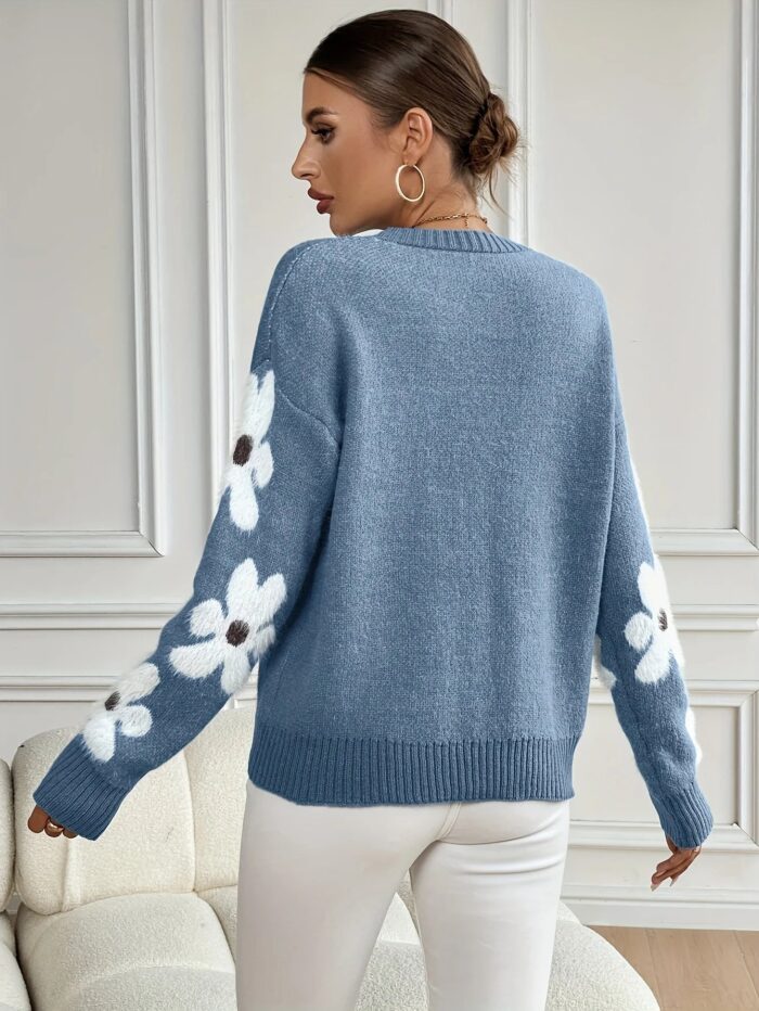 FLOWER PRINT ROUND NECK SWEATER - WOMEN'S LONG SLEEVE KNITTED PULLOVER - Image 2