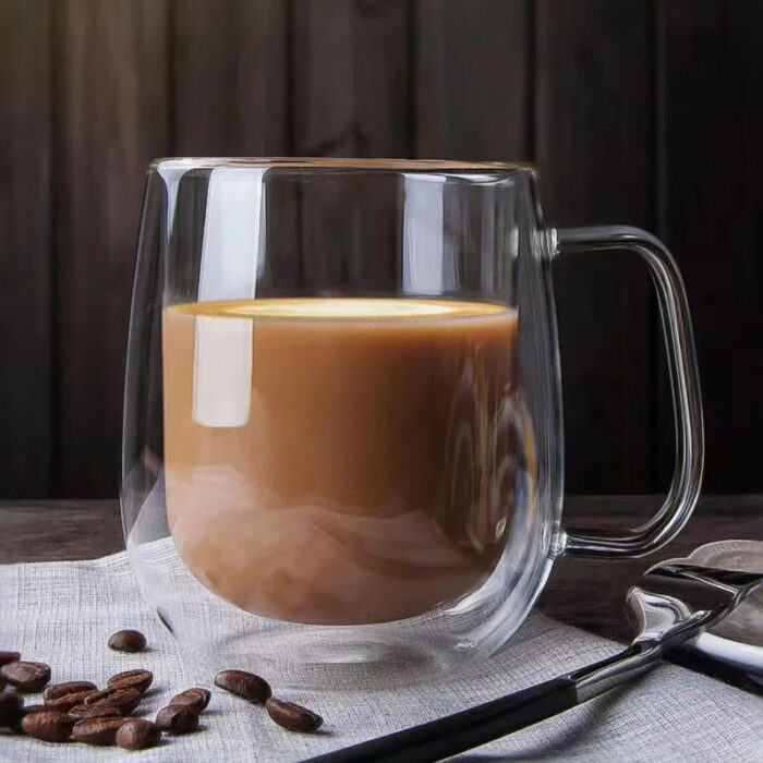 350ml Double Wall Glass Coffee Mug with Handle - Image 7