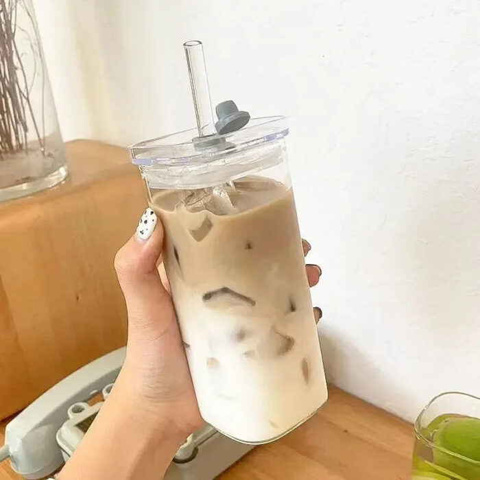 1Pcs Square Heat Resistant Coffee Glass Cup With Lid and Straw Transparent Milk Tea Juice Cups Coffee Mug For Home Bar Drinkware - Image 7