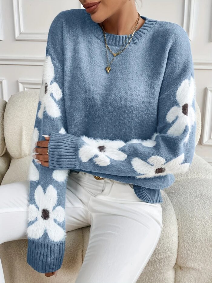 FLOWER PRINT ROUND NECK SWEATER - WOMEN'S LONG SLEEVE KNITTED PULLOVER - Image 3