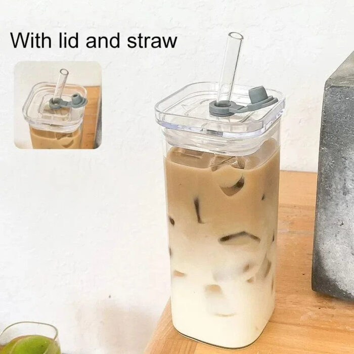 1Pcs Square Heat Resistant Coffee Glass Cup With Lid and Straw Transparent Milk Tea Juice Cups Coffee Mug For Home Bar Drinkware - Image 2